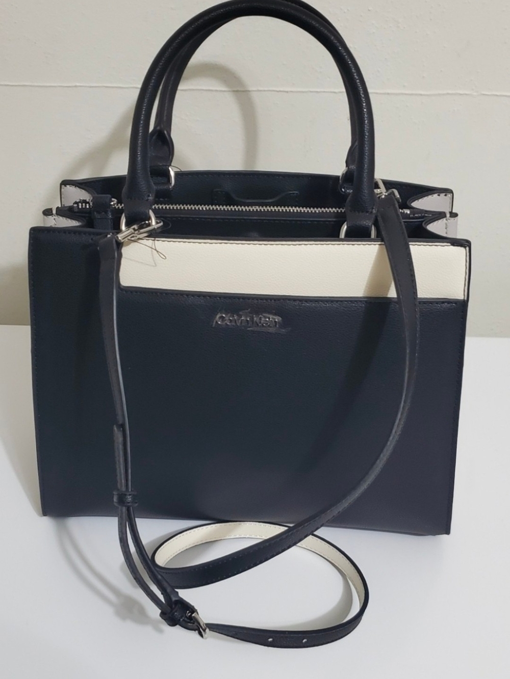 Calvin Klein Navy and Cream Leather Satchel